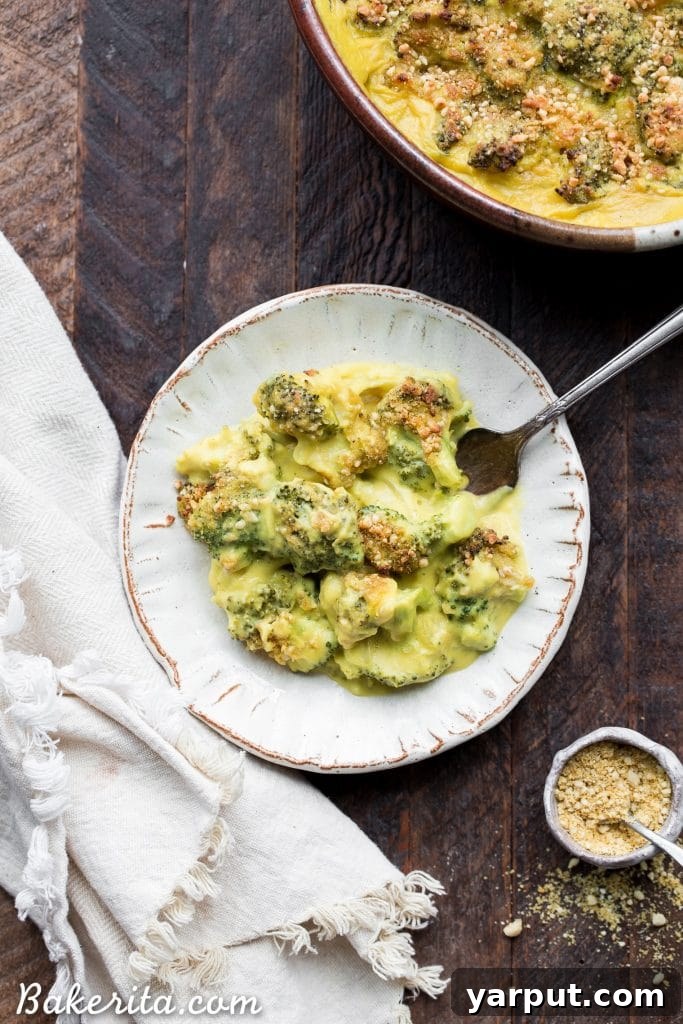 67 Vegan Holiday Recipes: Appetizers, Side Dishes, Salads, Main Courses, and Desserts 34 Vegan Broccoli Gratin in a baking dish