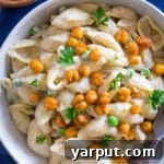 Vegan Alfredo Pasta with Crispy Chickpeas