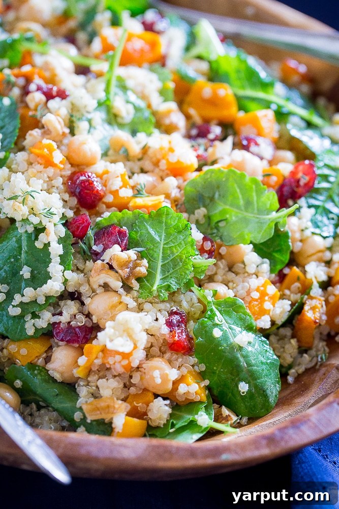 Roasted Butternut & Quinoa Winter Harvest Salad 4 Close up shot of the vibrant Winter Quinoa Salad, showing the texture and mix of ingredients.