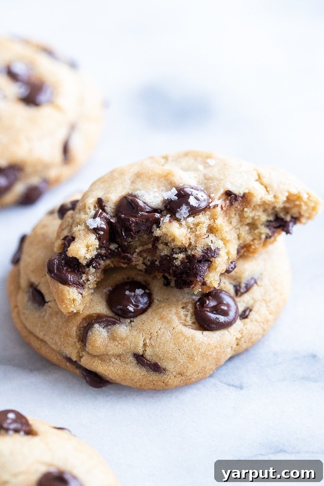 Ultimate Vegan Chocolate Chip Cookies 5 close up of the best vegan chocolate chip cookie with a bite taken out of it