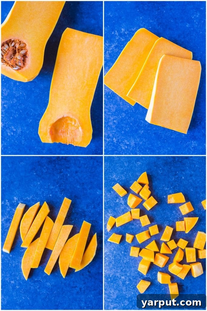 Double the Deliciousness: Two Ways to Roast Butternut Squash 5 How To Roast Butternut Squash - step by step photos on how to cut it for cubed butternut squash