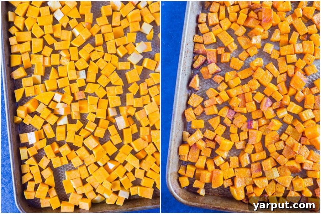 Double the Deliciousness: Two Ways to Roast Butternut Squash 6 How to Roast Butternut Squash - side by side photos of before and after roasted