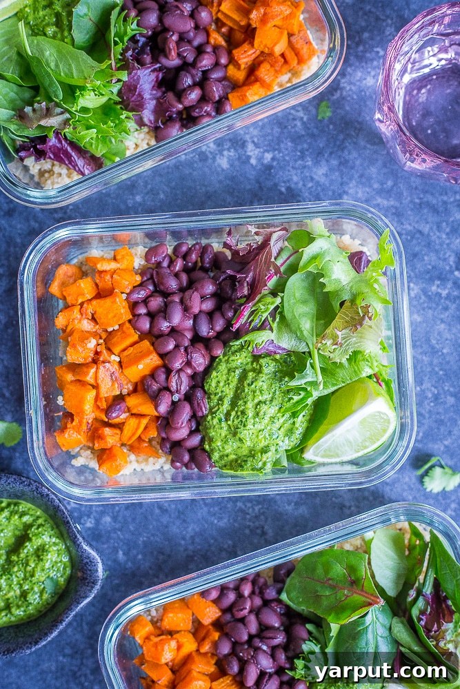 16 Delicious Vegan Lunch Prep Ideas 10 Vegan Sweet Potato Black Bean Meal Prep Bowls with Cilantro Lime Pesto