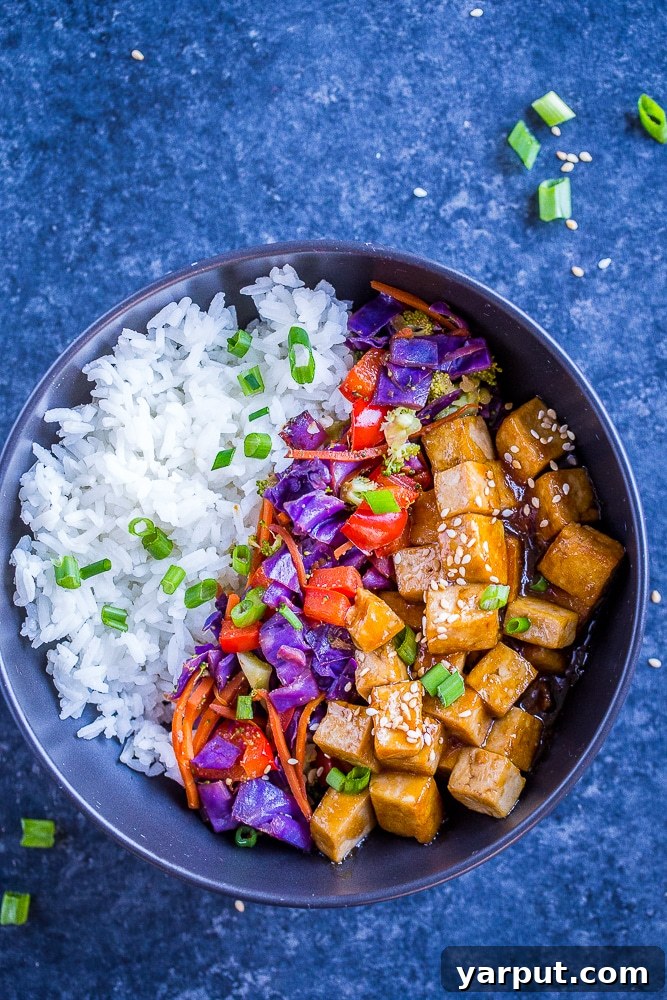 Savory Sesame Ginger Tofu Power Bowls 4 Sesame Ginger Tofu Meal Prep Bowls arranged on a black background