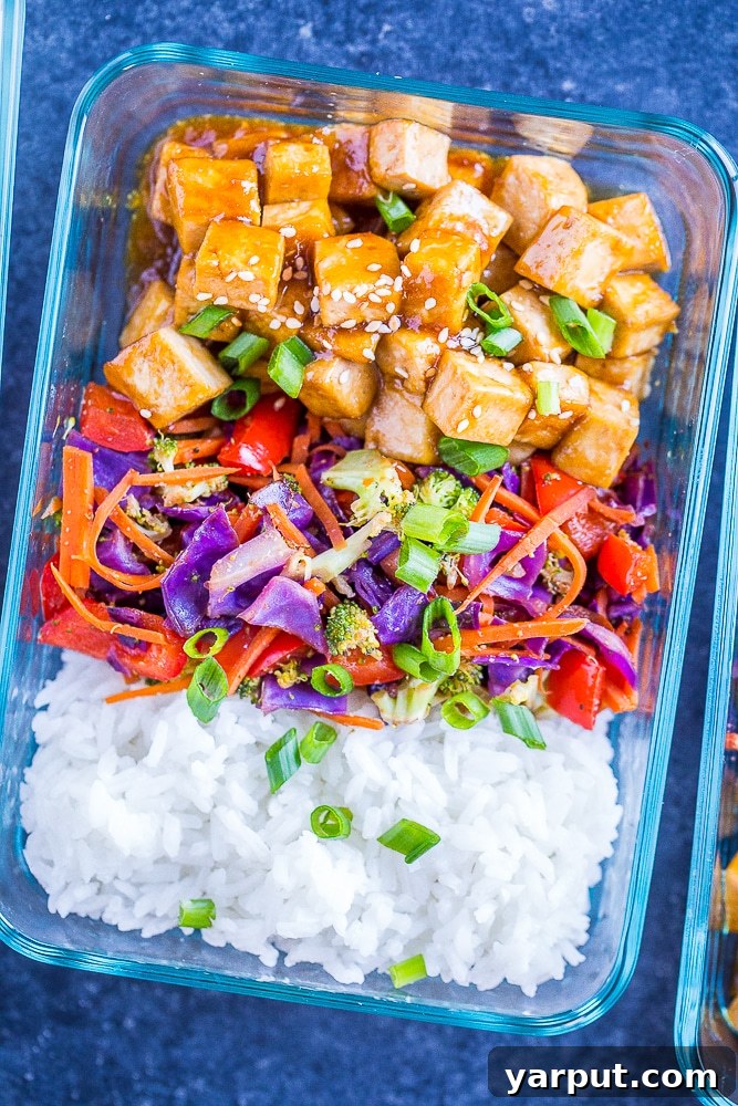 Savory Sesame Ginger Tofu Power Bowls 5 Close-up shot of an assembled Sesame Ginger Tofu Meal Prep Bowl, ready to eat