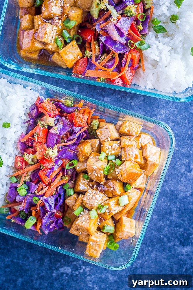 Savory Sesame Ginger Tofu Power Bowls 6 Stacked Sesame Ginger Tofu Meal Prep Bowls on a sleek black background