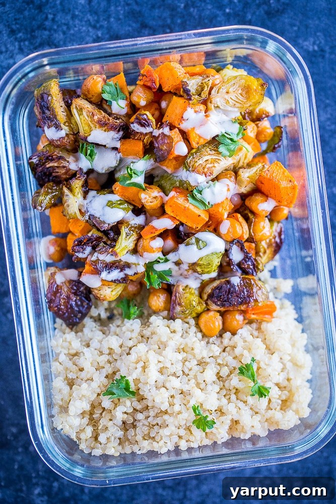 Golden Roasted Sweet Potato Chickpea Bowls 2 Roasted Sweet Potato and Chickpea Meal Prep Bowls close up