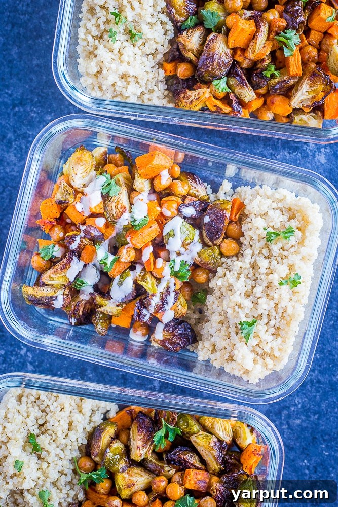 Golden Roasted Sweet Potato Chickpea Bowls 3 Roasted Sweet Potato and Chickpea Meal Prep Bowls in a row