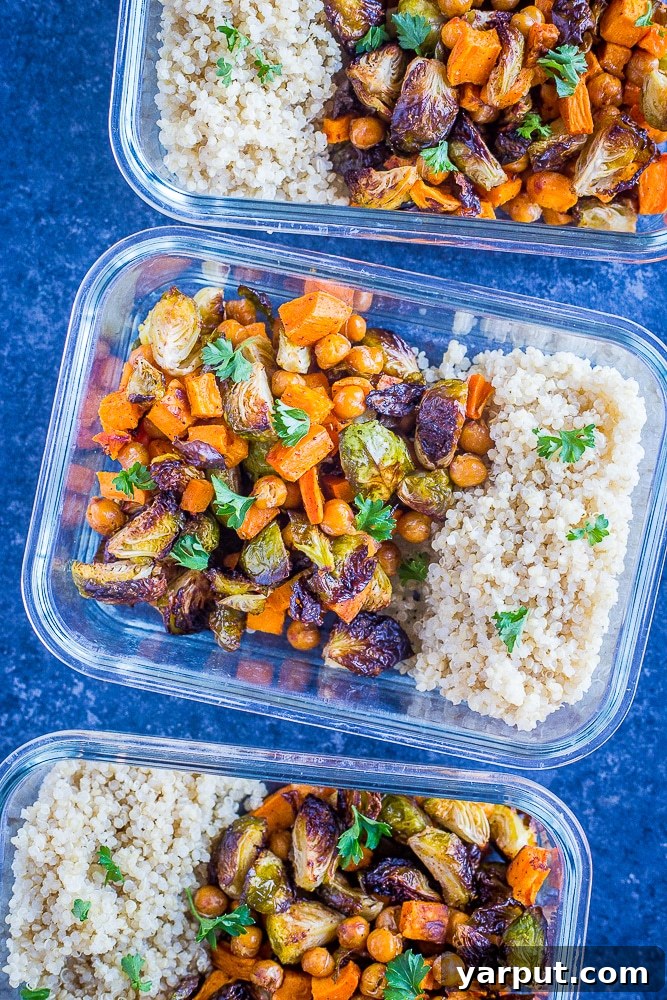 Golden Roasted Sweet Potato Chickpea Bowls 6 Roasted Sweet Potato and Chickpea Meal Prep Bowls in a row