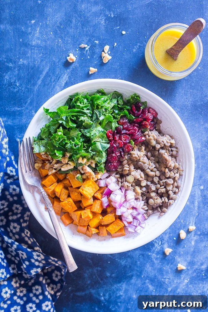Vibrant Sweet Potato and Lentil Kale Salad 4 Kale Salad with Sweet Potato and Lentils on a blue background, ready to be served, with a small bowl of dressing