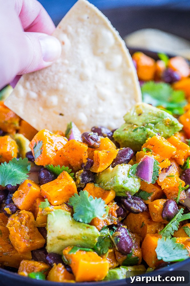 Golden Harvest Butternut & Black Bean Bowl 4 A hand reaching for a chip to dip into the vibrant roasted butternut squash and black bean salad.