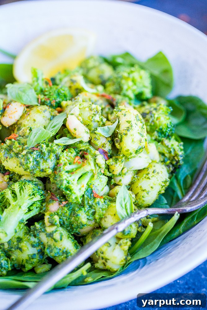 Quick 20-Minute One-Pan Pesto Gnocchi with White Beans and Broccoli 5 Close-up shot of individual Pesto Gnocchi dumplings coated in vibrant green pesto, interspersed with white beans and tender broccoli florets