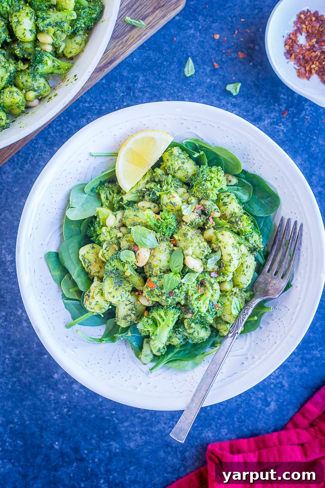 Quick 20-Minute One-Pan Pesto Gnocchi with White Beans and Broccoli 6 A flat lay photo of a rustic bowl filled with Pesto Gnocchi, white beans, and broccoli, presented on a light-colored surface with a fork
