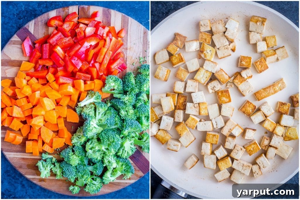Wholesome 30-Minute One-Pot Coconut Tofu Curry 3 Preparation steps for Easy Coconut Curry: a cutting board with diced red pepper, broccoli florets, and carrots alongside perfectly browned tofu pieces.