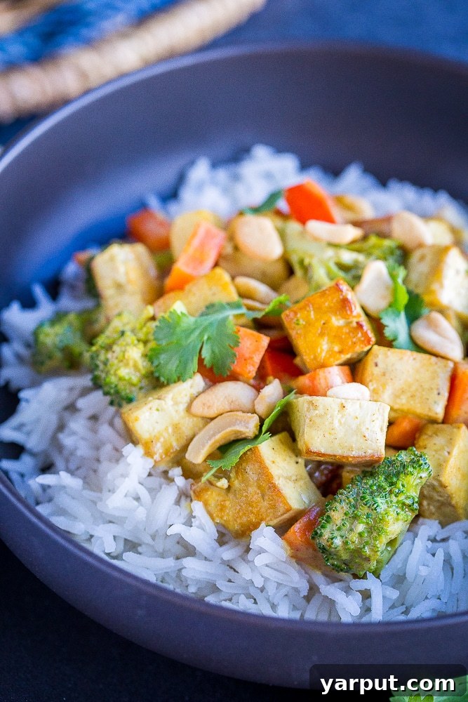 Wholesome 30-Minute One-Pot Coconut Tofu Curry 5 A close-up of the finished Easy Coconut Curry, highlighting the rich texture of the sauce and the perfectly cooked tofu and vegetables.