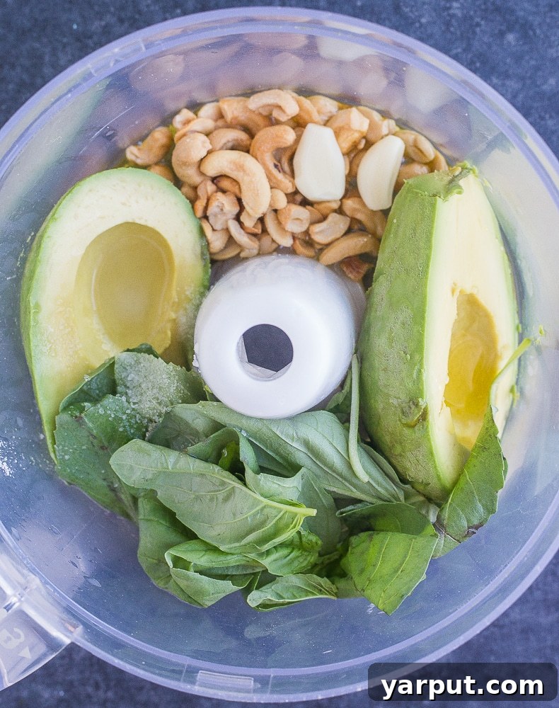 Whip Up Delicious Avocado Pesto 3 Step-by-step photos demonstrating how to make creamy Vegan Avocado Pesto Sauce with fresh ingredients.