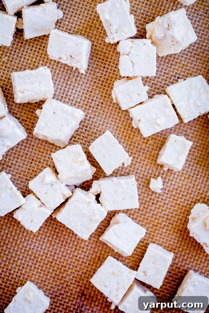 Crispy Baked Tofu Perfection 4 Crispy Tofu raw on a baking sheet, seasoned and ready for baking