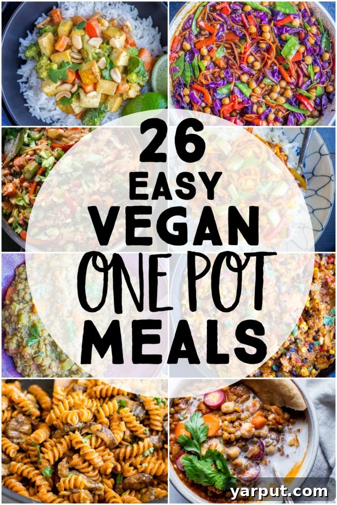 26 Vegan One-Pot Wonders for Easy Weeknights 2 26 Easy Vegan One Pot Meals - A collage of various mouth-watering vegan one-pot dishes including pasta, curry, chili, and skillet meals, promising simple and healthy plant-based dinners.