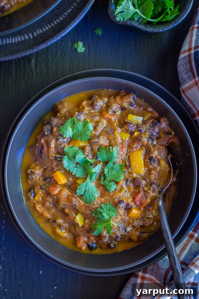 26 Vegan One-Pot Wonders for Easy Weeknights 25 Smoky Pumpkin Chili with Black Beans, served in a bowl with a spoon