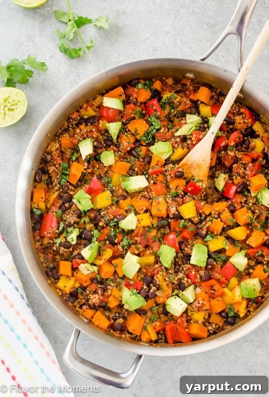 26 Vegan One-Pot Wonders for Easy Weeknights 27 One Pot Mexican Black Bean, Quinoa & Sweet Potato, garnished with fresh cilantro and lime