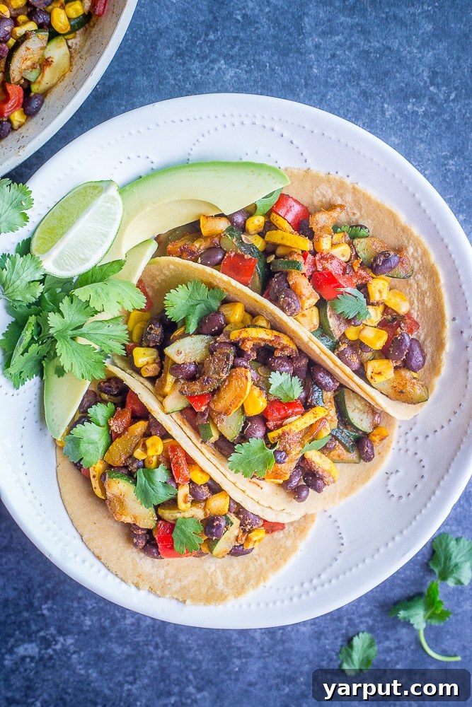 Vibrant Summer Vegan Black Bean Tacos 6 A vibrant platter of three Vegan Black Bean Tacos with Summer Vegetables in a white bowl, garnished with fresh avocado slices and cilantro