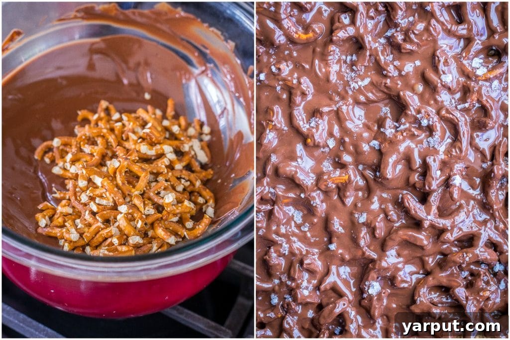 A visual step-by-step guide showing how to prepare chocolate pretzel bark, from melting chocolate to mixing in pretzels and spreading onto a baking sheet.