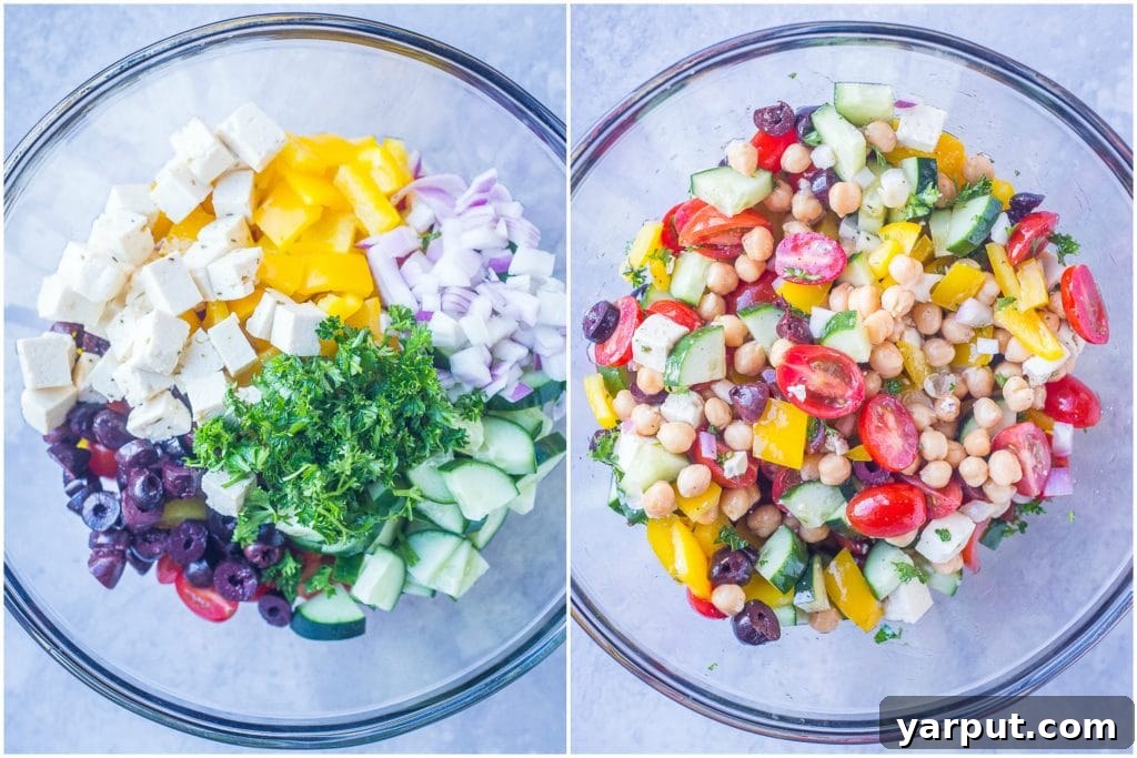 Aegean Chopped Salad with Golden Pita Crisps 3 Two bowls showing the fresh ingredients for a Greek Chopped Salad with Crispy Pita, highlighting colorful vegetables and chickpeas.