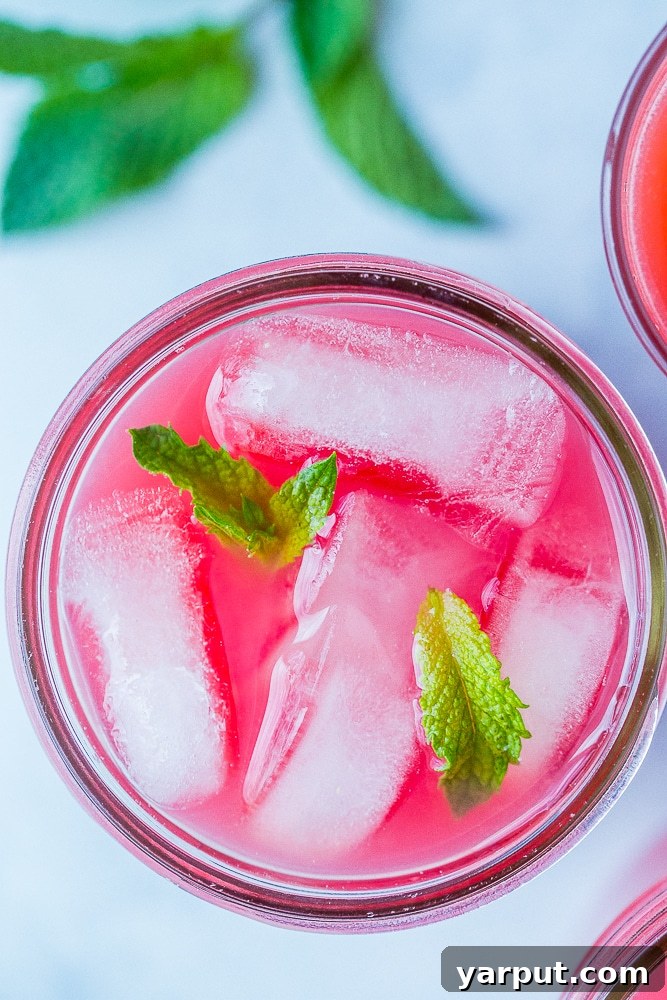 Crafting the Perfect Watermelon Cooler 2 A refreshing glass of homemade watermelon juice, garnished with a mint sprig, next to a sliced watermelon on a rustic wooden table, perfect for a summer day.
