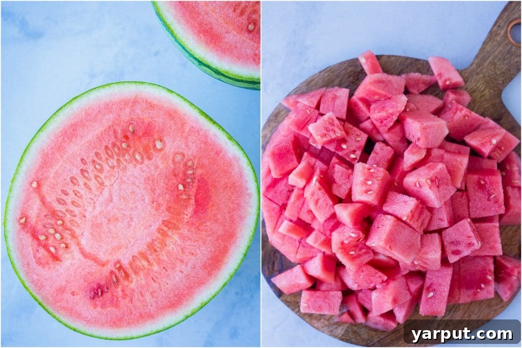 Crafting the Perfect Watermelon Cooler 3 Side-by-side comparison: a whole, ripe watermelon cut open next to a bowl of watermelon chunks, ready for blending into juice.