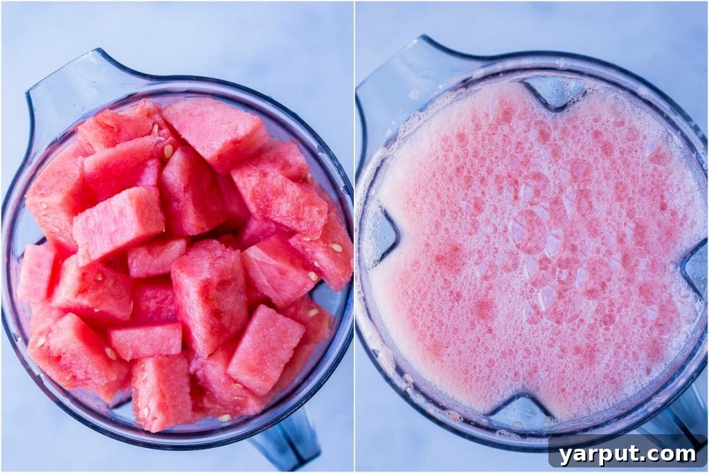 Crafting the Perfect Watermelon Cooler 4 Side-by-side action shots: on the left, watermelon chunks being added to a blender; on the right, perfectly blended watermelon liquid, ready for straining.
