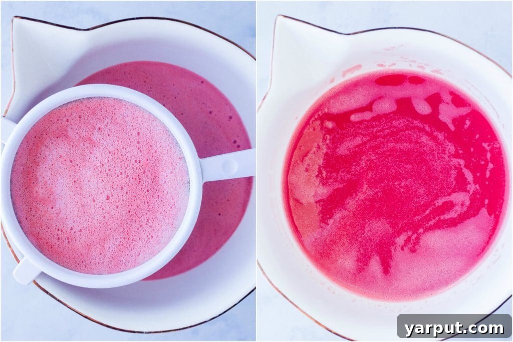 Crafting the Perfect Watermelon Cooler 5 Side-by-side photos capturing the straining process: on the left, watermelon juice being poured into a mesh strainer over a bowl; on the right, clear juice collecting in the bowl beneath the strainer.
