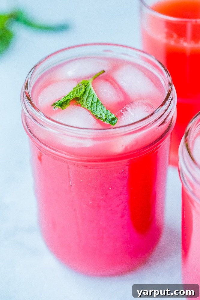 Crafting the Perfect Watermelon Cooler 6 A perfectly chilled glass of homemade watermelon juice with ice and a lime wedge, placed on a light-colored surface, inviting a refreshing sip.