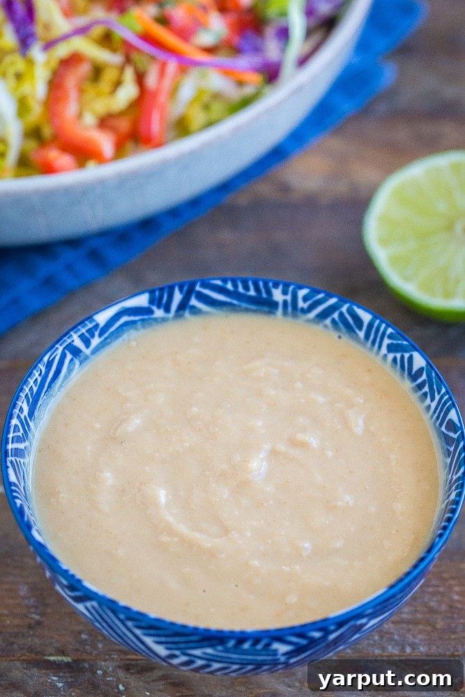 Savory Thai Peanut Veggie Noodles 3 Rich and creamy homemade peanut sauce for Thai Peanut Noodle Bowls, showcasing its smooth texture and vibrant color. This flavorful sauce is a key element for healthy, vegan meal prep and quick dinners.