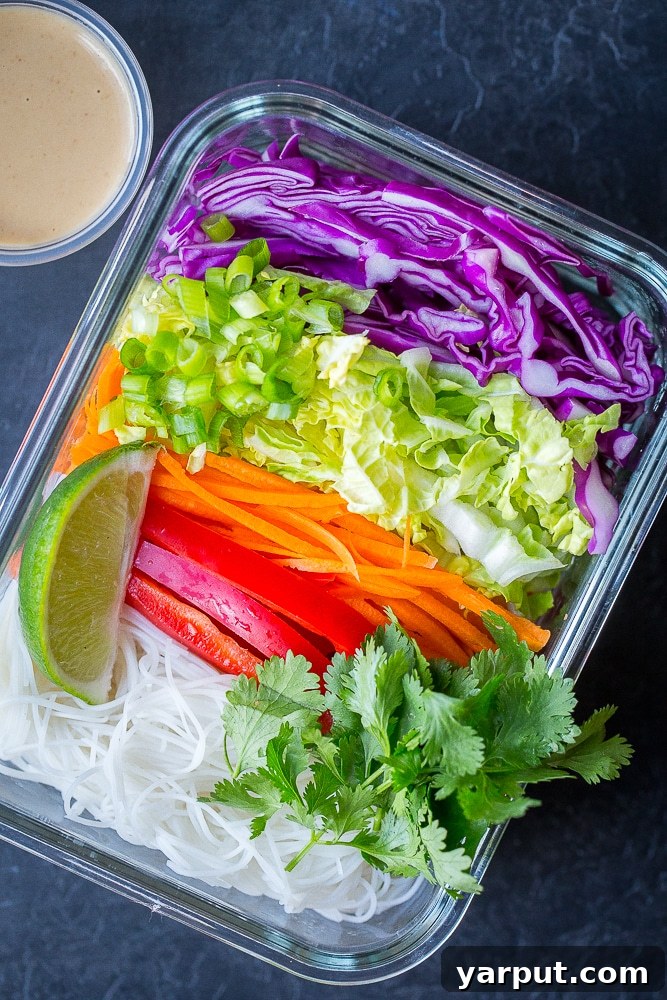 Savory Thai Peanut Veggie Noodles 4 Healthy Thai Peanut Noodle Bowls perfectly packed in meal prep containers with vibrant vegetables and sauce on the side, ideal for a grab-and-go lunch.