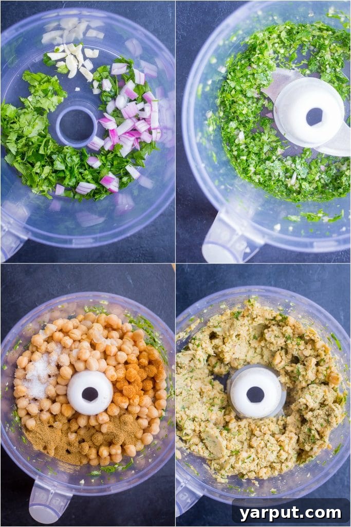 Foolproof Homemade Falafel 3 Step-by-step preparation photos demonstrating how to create homemade falafel mixture and form individual falafel balls on a baking sheet.