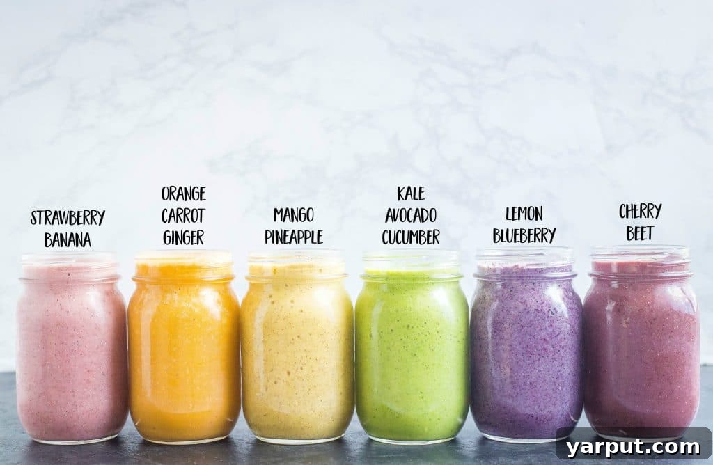 Healthy Smoothie Recipes lined up in mason jars, showcasing variety