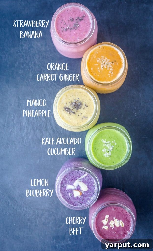 6 smoothie recipes in mason jars with flavor titles next to them