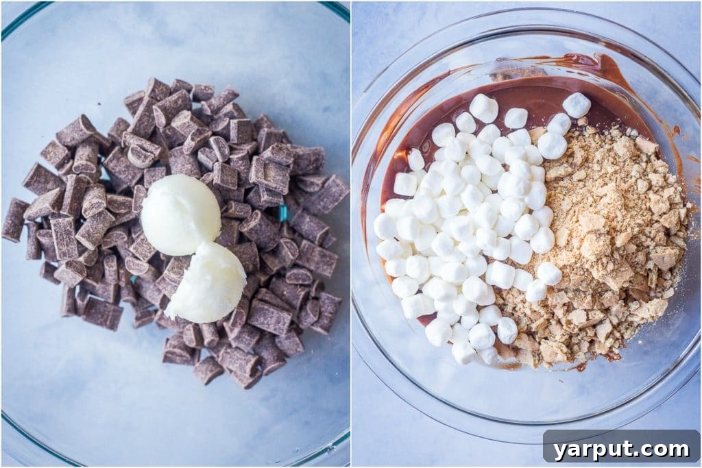 Step-by-step photos illustrating the simple process of making No-Bake S'mores Cookies, from melting chocolate to mixing in graham crackers and marshmallows. Perfect for visual learners.
