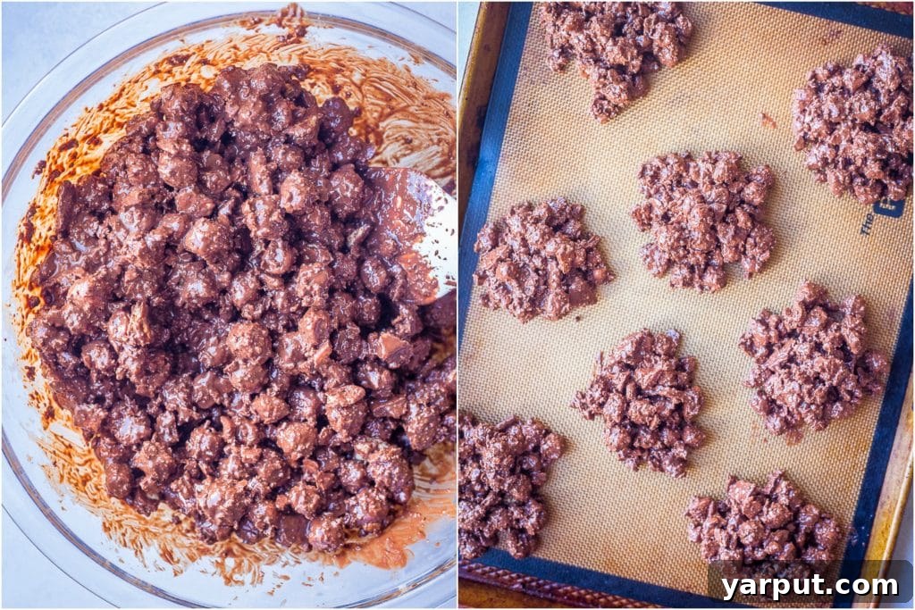 A visual guide on how to combine melted chocolate, coconut oil, mini marshmallows, and crushed graham crackers to prepare the No-Bake S'mores Cookie mixture.