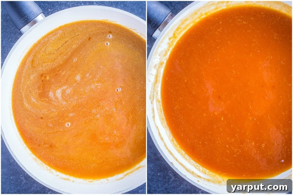 Wholesome Zesty Orange Sauce 5 Orange sauce recipe before and after being cooked, showing thickening process