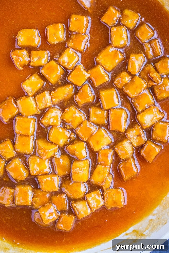 Wholesome Zesty Orange Sauce 6 Healthy orange sauce recipe on some crispy tofu in a bowl