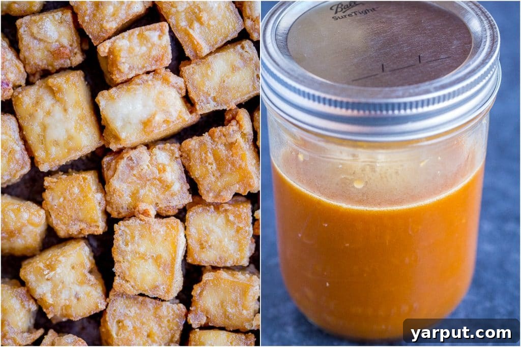 Zesty Vegan Orange Tofu 3 Crispy tofu pieces and a rich orange sauce presented side by side, ready to be combined for the vegan orange tofu recipe
