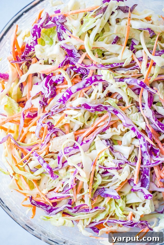 Quick Vegan Coleslaw No Refined Sugar 6 A vibrant close-up of a large serving of freshly made easy homemade coleslaw, showing off its creamy texture and colorful shredded vegetables.