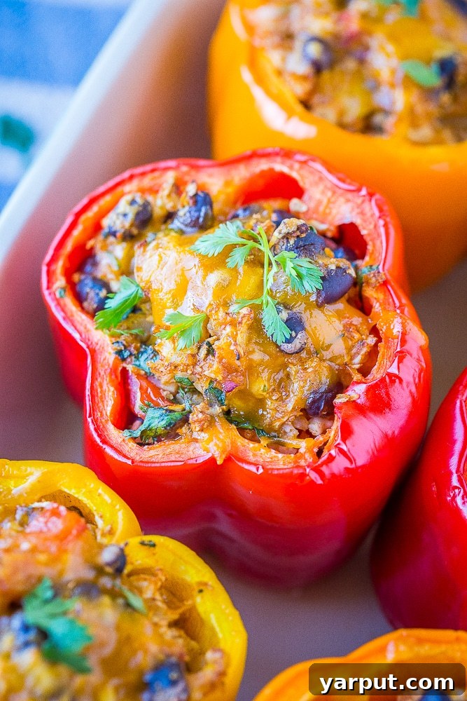 Wholesome Cauliflower Rice Stuffed Peppers 2 Close up of a vibrant vegetarian stuffed pepper with cheesy cauliflower rice filling, ready to eat.