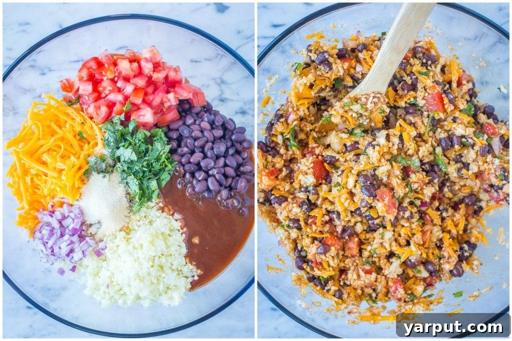 Wholesome Cauliflower Rice Stuffed Peppers 4 Two images side-by-side showing the ingredients for vegetarian stuffed peppers: one with raw ingredients, one with the mixed filling.
