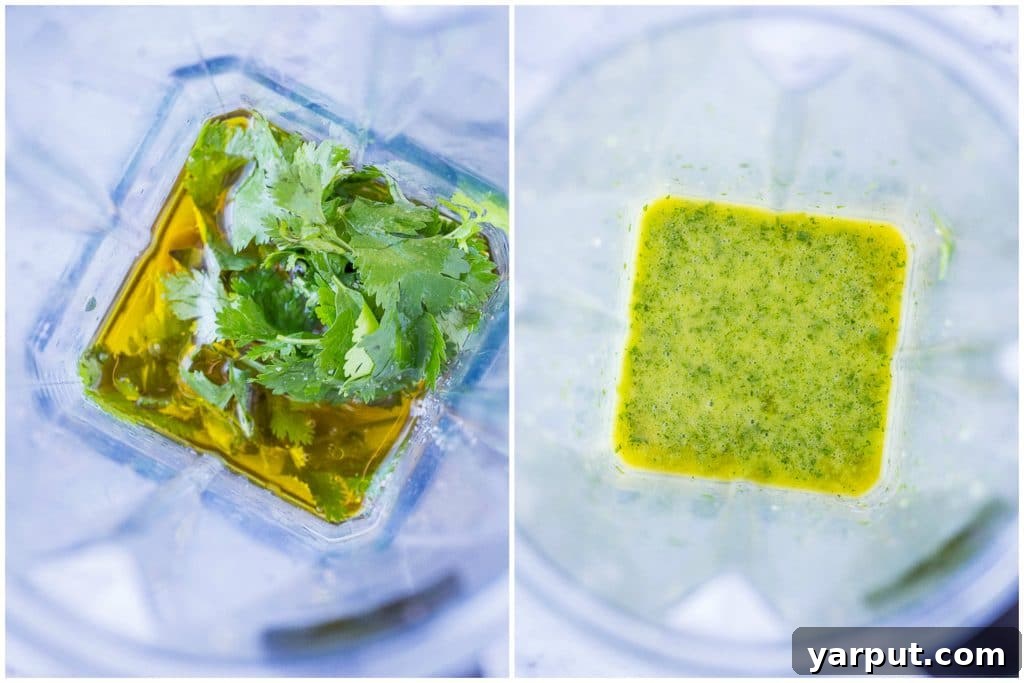 Two images side by side: one showing fresh cilantro, lime, garlic, and oil before blending, and the other showing the finished creamy cilantro lime dressing, ready for black bean salad.