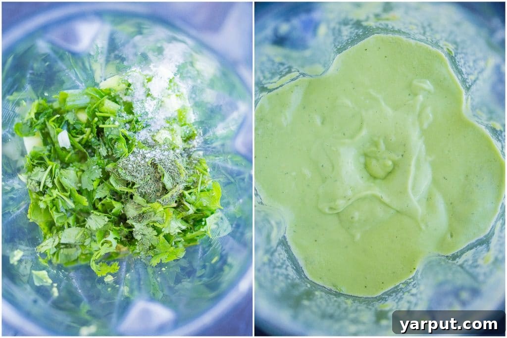 Creamy Avocado Ranch 3 Before and after view of avocado ranch dressing ingredients in a blender, showing the transformation from whole ingredients to a smooth, creamy dressing.