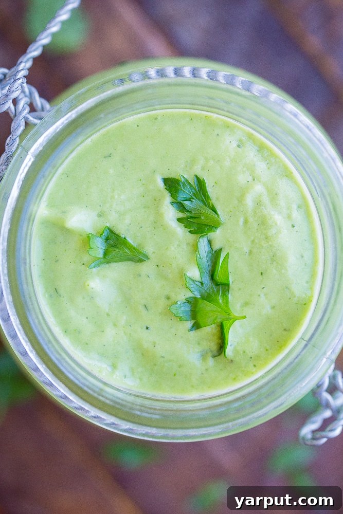 Creamy Avocado Ranch 4 A close-up view of avocado ranch dressing in a glass jar, showing its smooth, thick texture and vibrant green color.