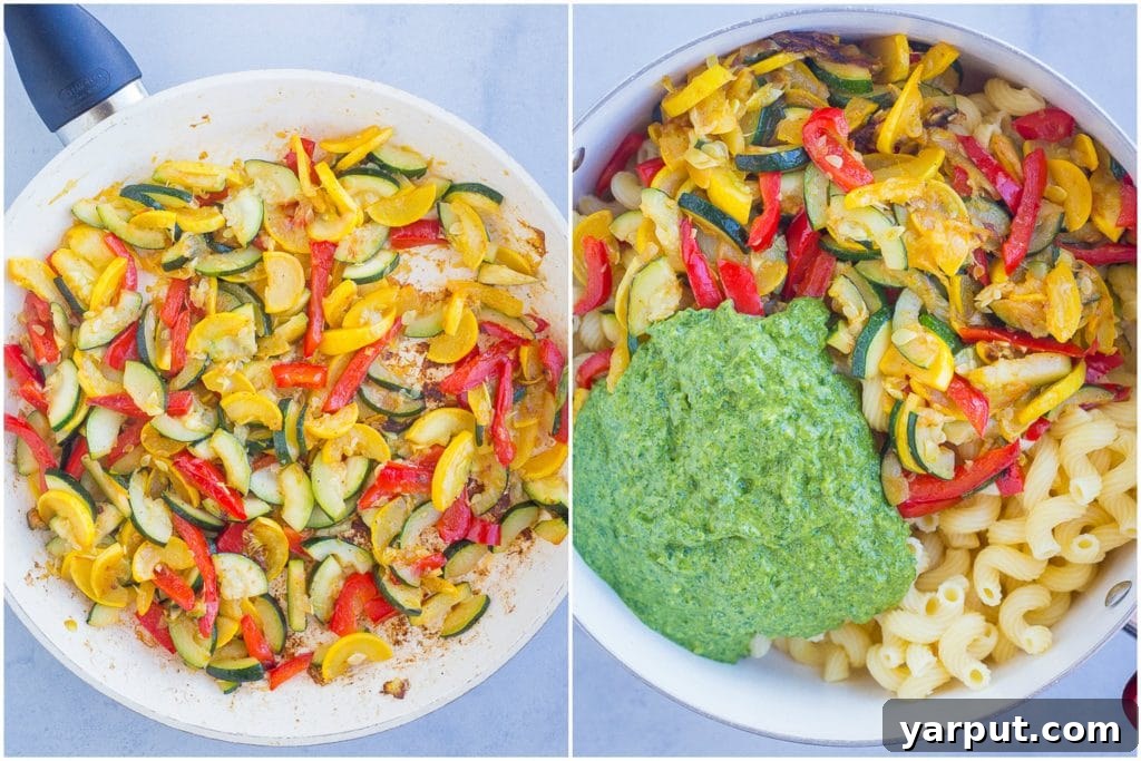 Vibrant Summer Pesto Pasta 4 A two-part image showing cooking progress: chopped summer vegetables sizzling in a large skillet on the left, turning golden and caramelized, and on the right, cooked pasta and the browned vegetables being tossed together in a large pot, ready for the pesto.