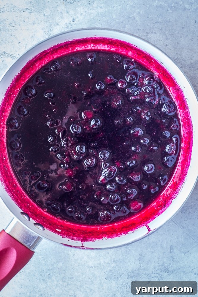 Fresh blueberries gently cooking down in a saucepan, beginning to burst and create a rich, purple syrup for homemade lemonade, illustrating the initial step of the recipe.